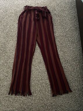 Lulu's Burgundy & Brown Striped Paperbag Waist Trousers